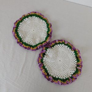 Crocheted Doily Round Purple Gold Green White Ruffled Edges Set of 2 Handmade